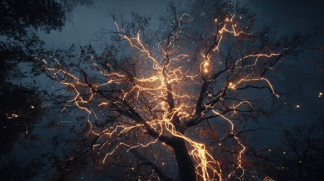 Glowing lightning coursing through ancient tree in dark forest with electric energy at night sky aura