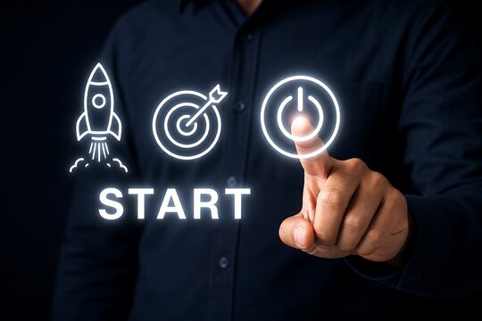 Businessman touching start button with rocket and target icons for business growth