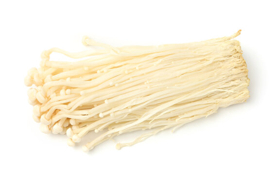 Cluster of raw enoki mushrooms isolated on white