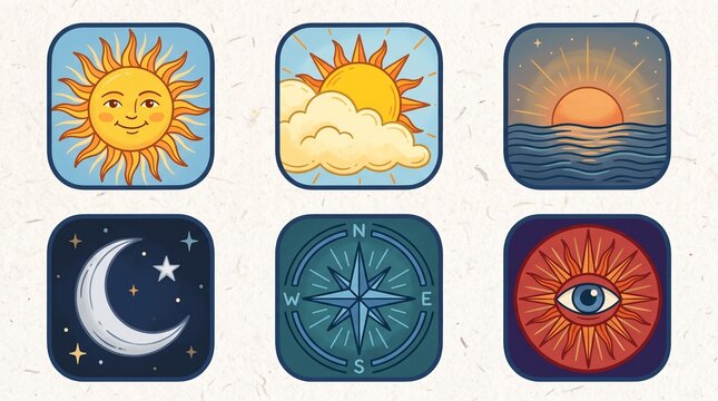 Six square icons: smiling sun, sun with clouds, ocean sunset, crescent moon with stars, compass rose, and radiant eye symbol&hellip;