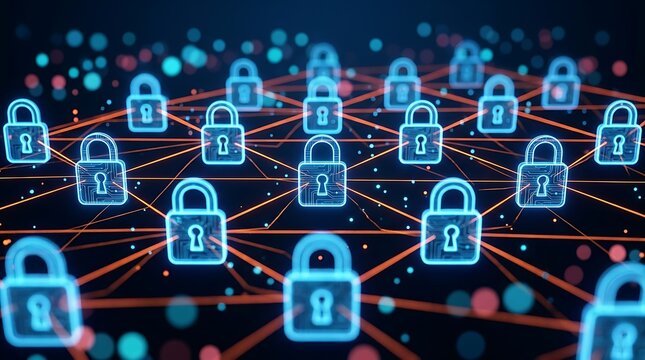Glowing digital padlocks connected by orange lines on dark background with colorful dots glowing locks