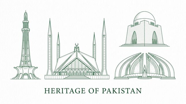 Pakistani landmarks with Minar‑e‑Pakistan, Faisal Mosque, Quaid Mausoleum, and Pakistan Monument motifs, minimalist composition highlighting heritage, unity, and identity.