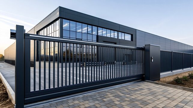 New modern industrial building with sliding gate security system