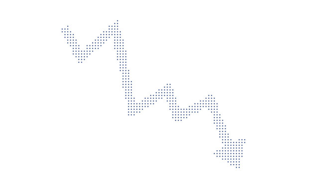 Abstract vector declining graph arrow with zig-zag pattern made of circles on transparent background.