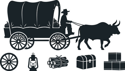 Western conestoga wagon silhouette collection with farmer driving bull cart carrying pumpkins luggage boxes and old lamp © Sumita