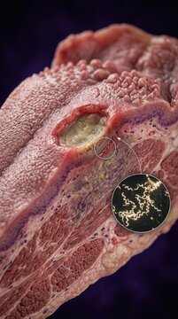 Venereal spirochete pathology: Syphilis infection, Treponema pallidum, tongue chancre, tissue ulcer, bacterial microbe, medical anatomy, disease lesion, human glossitis.