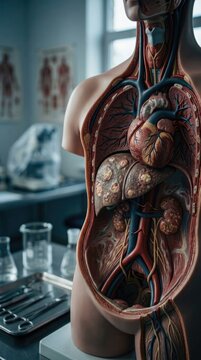 Treponema Pallidum presentation: systemic syphilis, diseased liver, anatomical model, medical education, visceral lesion, human torso, cardiovascular structure, internal organ.