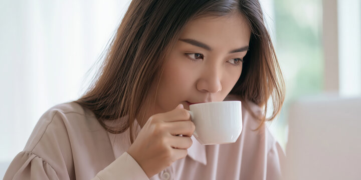 Young Woman Enjoying Coffee While Working or Studying at Home