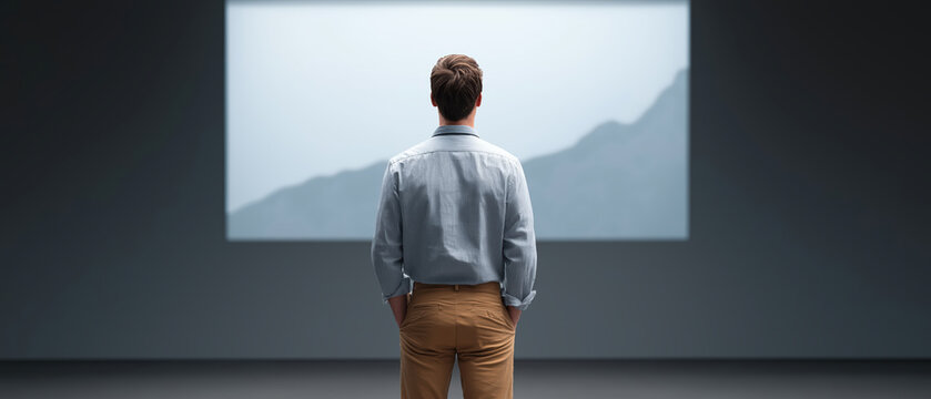 Thoughtful Individual Gazing at Minimalist Projection in Contemporary Space