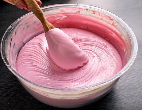 close up view mixing in pink food coloring into a vanilla buttercream frosting for decorating funfettti bundt cake