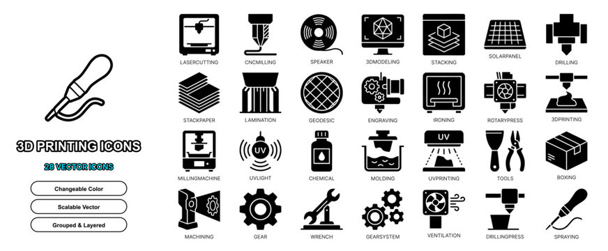 3d printing flat icon set vector printer prototype solid glyph isolated model industry web ui sign element