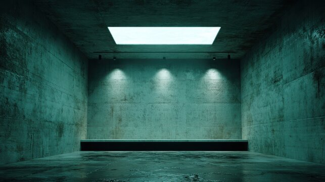 Stunning photo of Empty underground concrete basement with dramatic skylight. Architectural design.