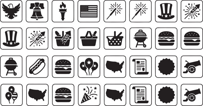 Set of black and white icons for united states independence day celebrations