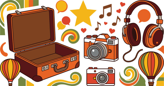 Retro travel vector illustration element set featuring vintage open suitcase camera headphones hot air balloons star and music note symbols,