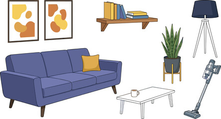 Scandinavian style interior design collection with purple couch bookshelf tripod lamp and house plant isolated vectors © Sumita