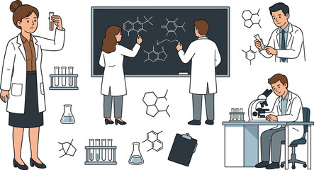 Science laboratory vector element set with scientists drawing chemical formulas on blackboard looking through microscope and holding test tubes © Sumita