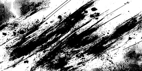 Black ink splatter on white paper, with dynamic brush strokes and gritty texture creating a bold abstract design. © GREENPIXEL Art