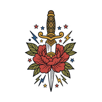 Traditional Tattoo Art: Dagger Through Rose with Stars and Lightning Bolts