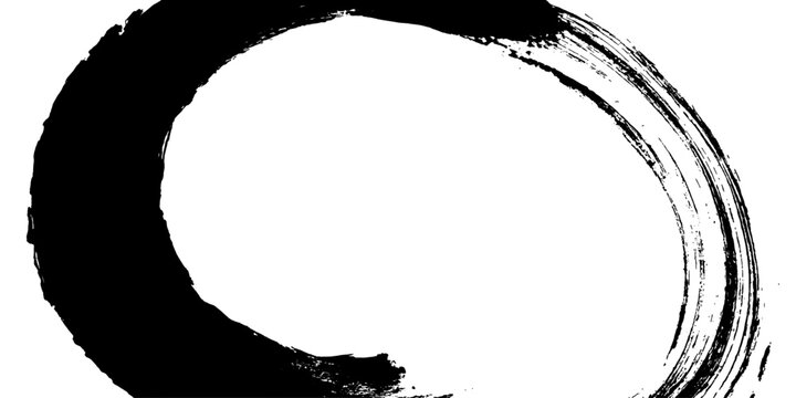 A stark, black ink brushstroke forms an imperfect circle on a white background, evoking a sense of minimalist zen and meditative calm.