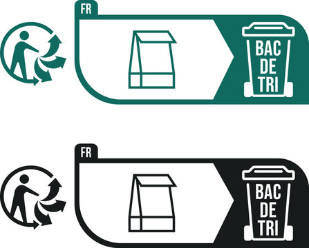 Paper bag packaging sorting instruction icon for triman French recycling bin, guiding correct disposal of retail and food packaging bags