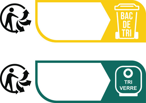 Blank sorting label template with recycling bin and glass container triman icons, customizable for product packaging waste disposal instructions