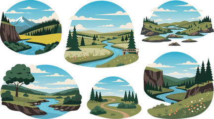 Collection of river landscapes flowing through hills with beautiful nature scenery © Najmul
