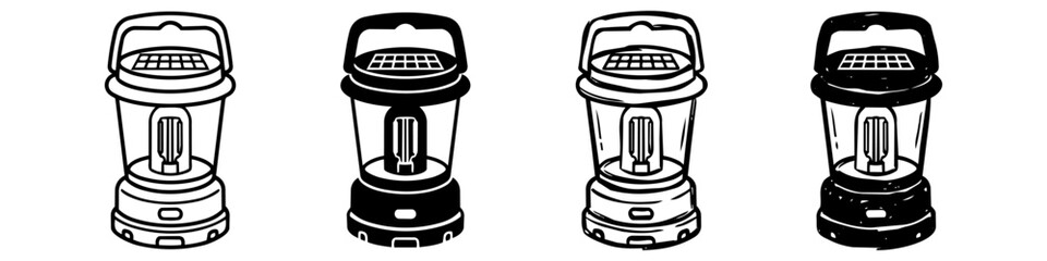 Set of four black and white camping lantern icons in various styles, including outline, solid, and hand-drawn, perfect for outdoor adventure and sustainability themes. © Nort Kor