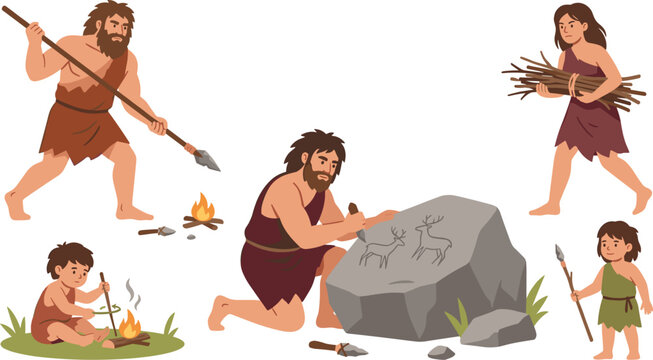 Stone age caveman family character vector set hunting with spear painting on rock and making campfire fire