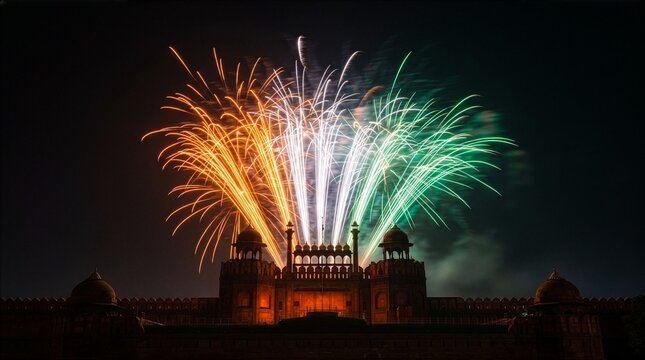 Vibrant fireworks display illuminating the night sky above a majestic historic stone fortification with traditional architectural domed towers