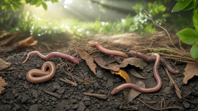 Multiple earthworms crawling over dark moist soil and dry leaves in a natural environment