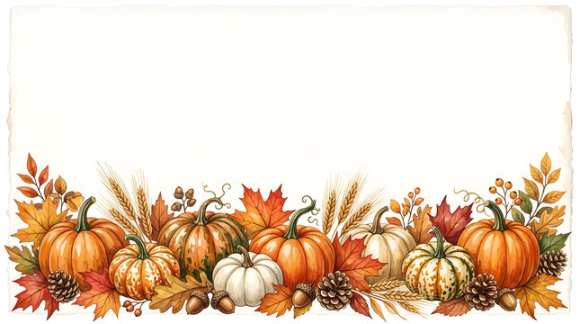 Festive thanksgiving background with pumpkins maple leaves and wheat autumn holiday border design