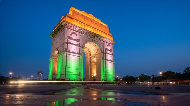 Illuminated war memorial archway standing tall against a deep blue twilight sky with vibrant tricolor architectural lighting and motion blur from traffic