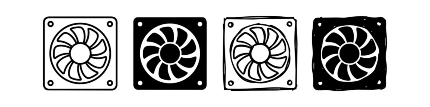 Set of four computer cooling fan icons in varied styles: outline, solid, and hand-drawn. Ideal for tech hardware, cooling systems, and PC building graphics.