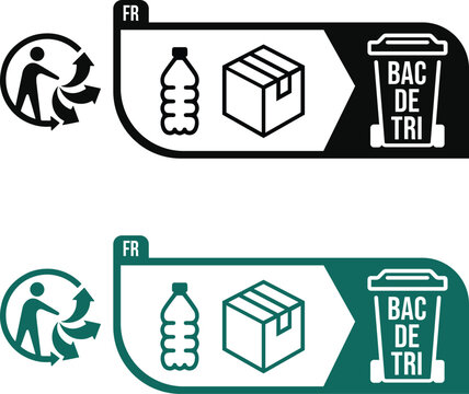 Bottle and box packaging sorting triman icon for French recycling bin, guiding correct disposal of mixed plastic and cardboard consumer packaging