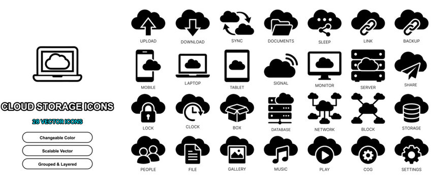 cloud storage flat icon set vector data network solid glyph isolated server hosting web ui sign element