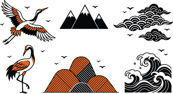 Traditional Japanese landscape elements vector illustration set featuring crane birds mountains ocean waves and oriental cloud pattern lineart,