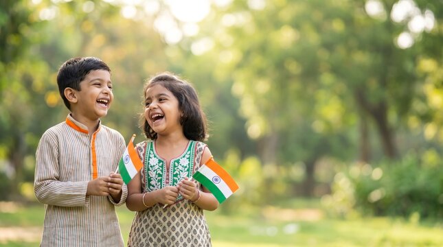 Joyful young Indian children laughing while holding national flags in a sunlit park celebrating cultural pride and togetherness during a bright spring day