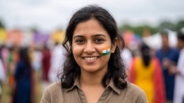 Young south asian woman smiling with national flag painted on cheek during festive outdoor celebration in soft natural daylight for national holiday event