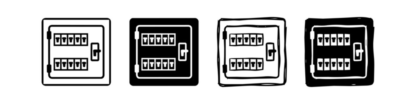 Set of four electrical panel icons in outline, solid, and hand-drawn styles. Represents circuit breakers and residential power distribution boxes.