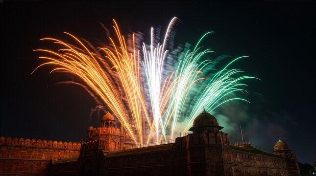 Vibrant fireworks display illuminating historic stone fort walls at night during a festive celebration of national pride with captures spectacular firework orange