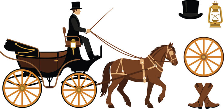 Traditional victorian horse drawn carriage illustration bundle featuring gentleman coach driver stallion and classic transportation elements isolated