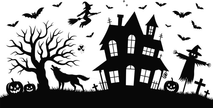 Halloween haunted house silhouette banner with flying witch on broom howling wolf creepy tree scarecrow pumpkins and bats vector