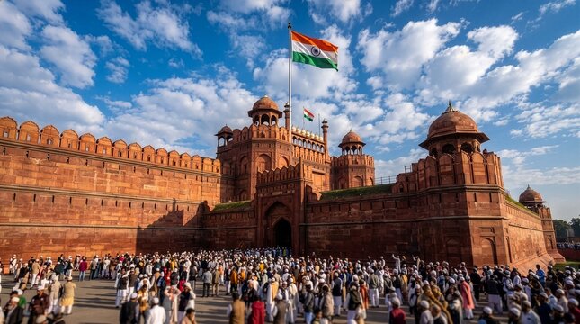 Historical red sandstone fortification with waving national flag and large crowds gathered in front under a bright blue sky with scattered white clouds