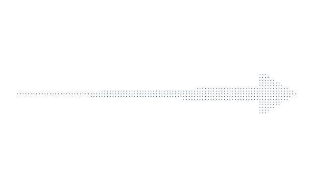 Horizontal abstract arrow made of blue dots on grey transparent background.