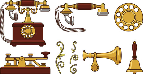 Vintage antique communication vector illustration set featuring retro rotary telephone handset telegraph key brass horn bell and ornate gold flourishes, © Sumita