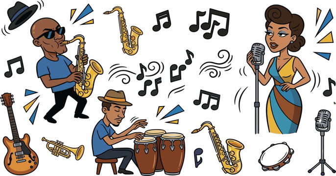 Vintage blues musicians cartoon character collection with black female vocalist saxophonist and percussionist isolated on white background