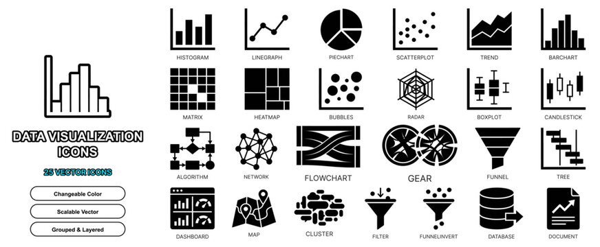 data visualization flat icon set vector chart graph solid glyph isolated analytics statistics web ui sign element