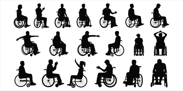 Silhouettes of people in wheelchairs in various poses and activities keywords vector
