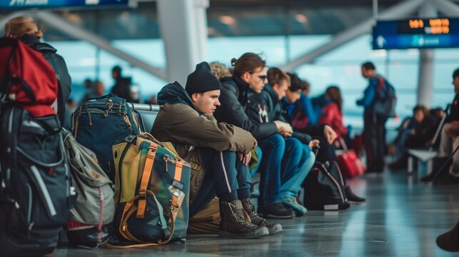 Passengers sit with luggage in an airport terminal, showing a delayed flight and waiting for airplane departure.