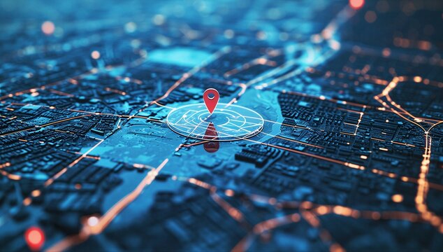 Digital map with location pin and target circle showing geofencing and location based service for nearby alert, delivery, and marketing.